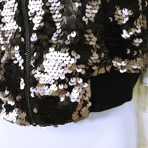 NWT 1-State Glam Rock Metallic Flip Sequin Bomber Jacket -XS Ringer Bronze Black - Picture 8 of 11